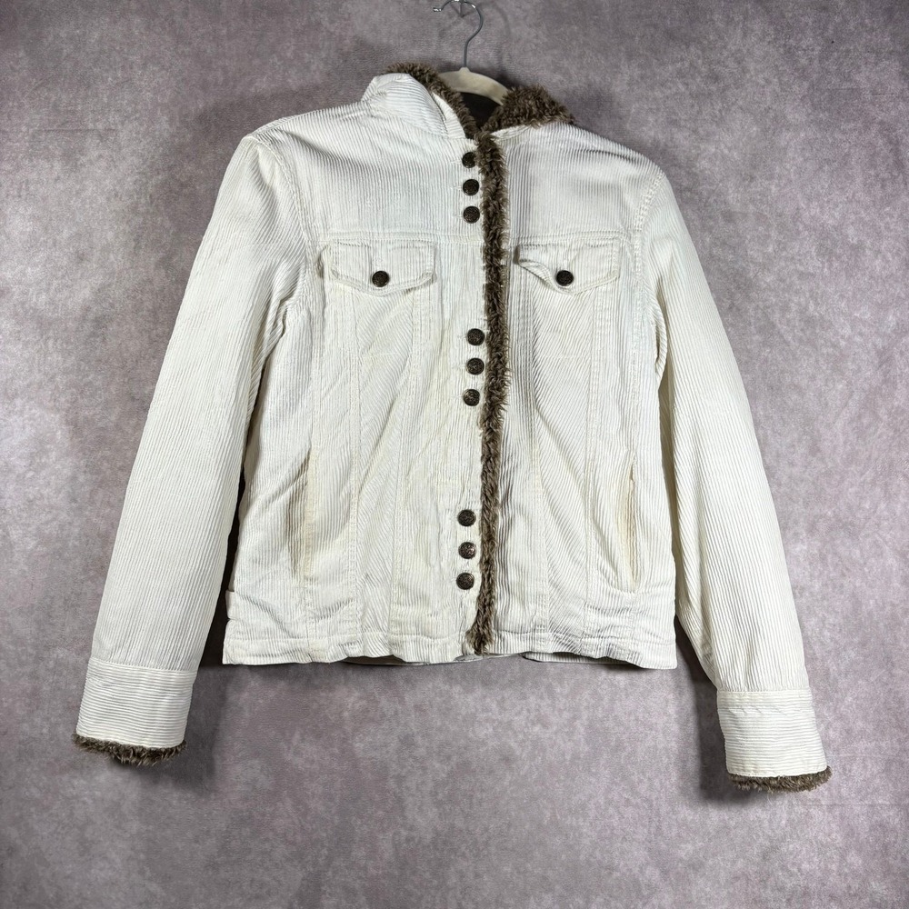 Vintage Y2K Carolina Colours Jacket Womens Small White Corduroy Faux Fur Hood